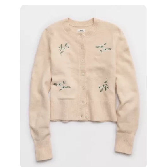 Aerie Softest Classic Cream Cardigan with Floral Embroidery in Sandbar - Picture 4 of 6